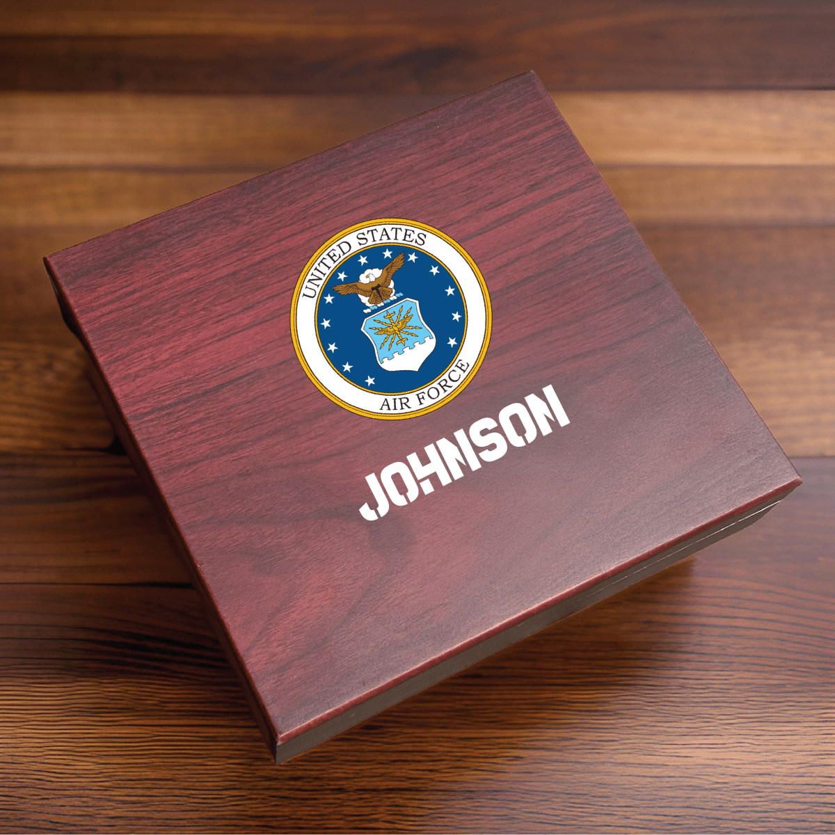 Custom military keepsake box with emblem, name, and message, doubles as cigar humidor