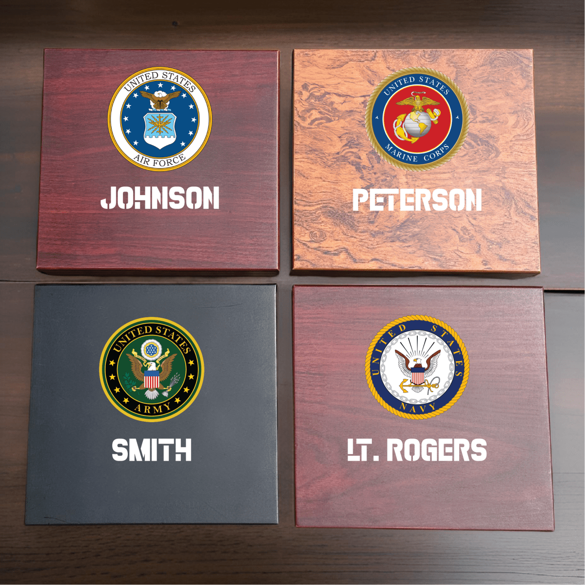 Custom military keepsake box with emblem, name, and message, doubles as cigar humidor