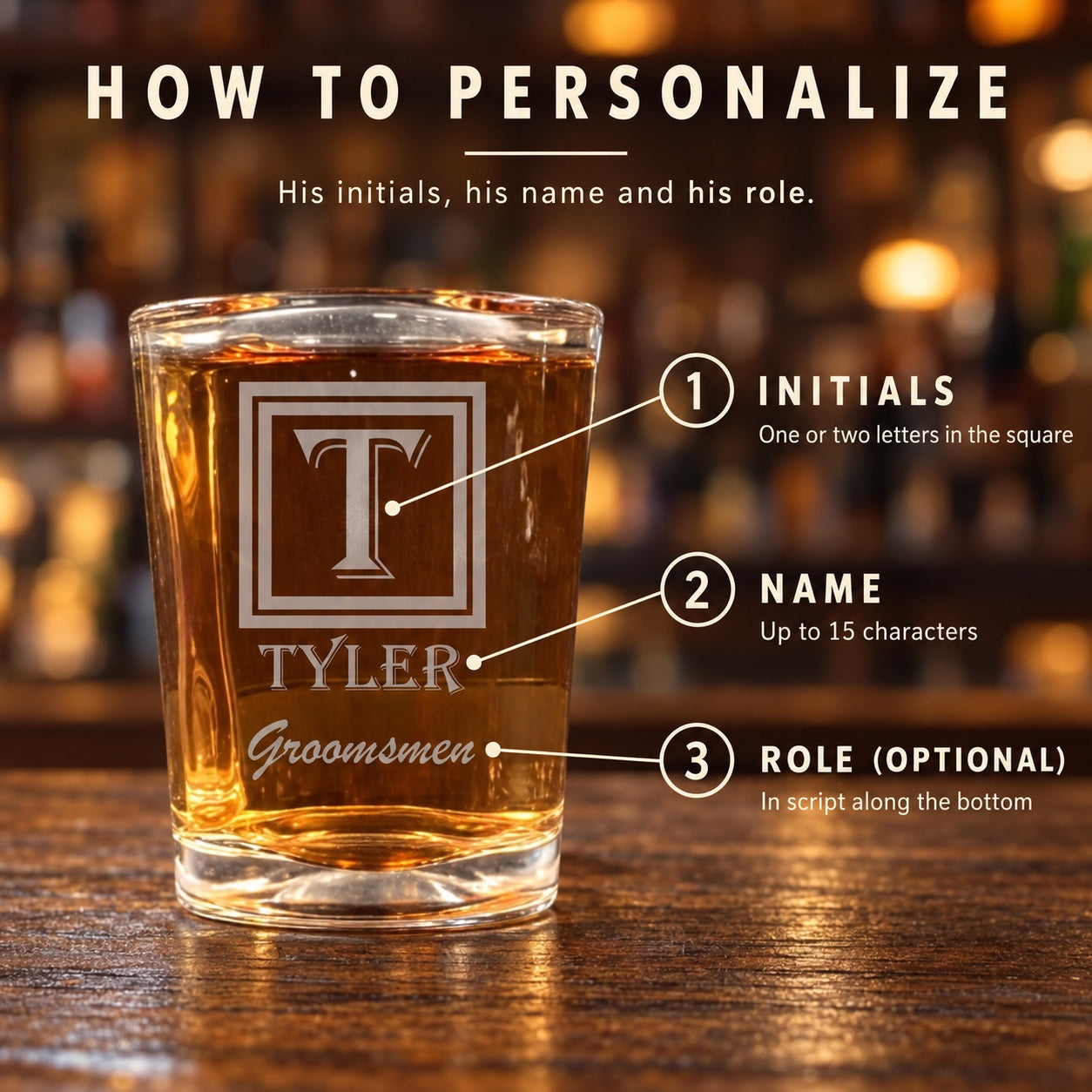 How to personalize the monogram shot glass: one or two initials in the square, his name up to 15 characters, and an optional role