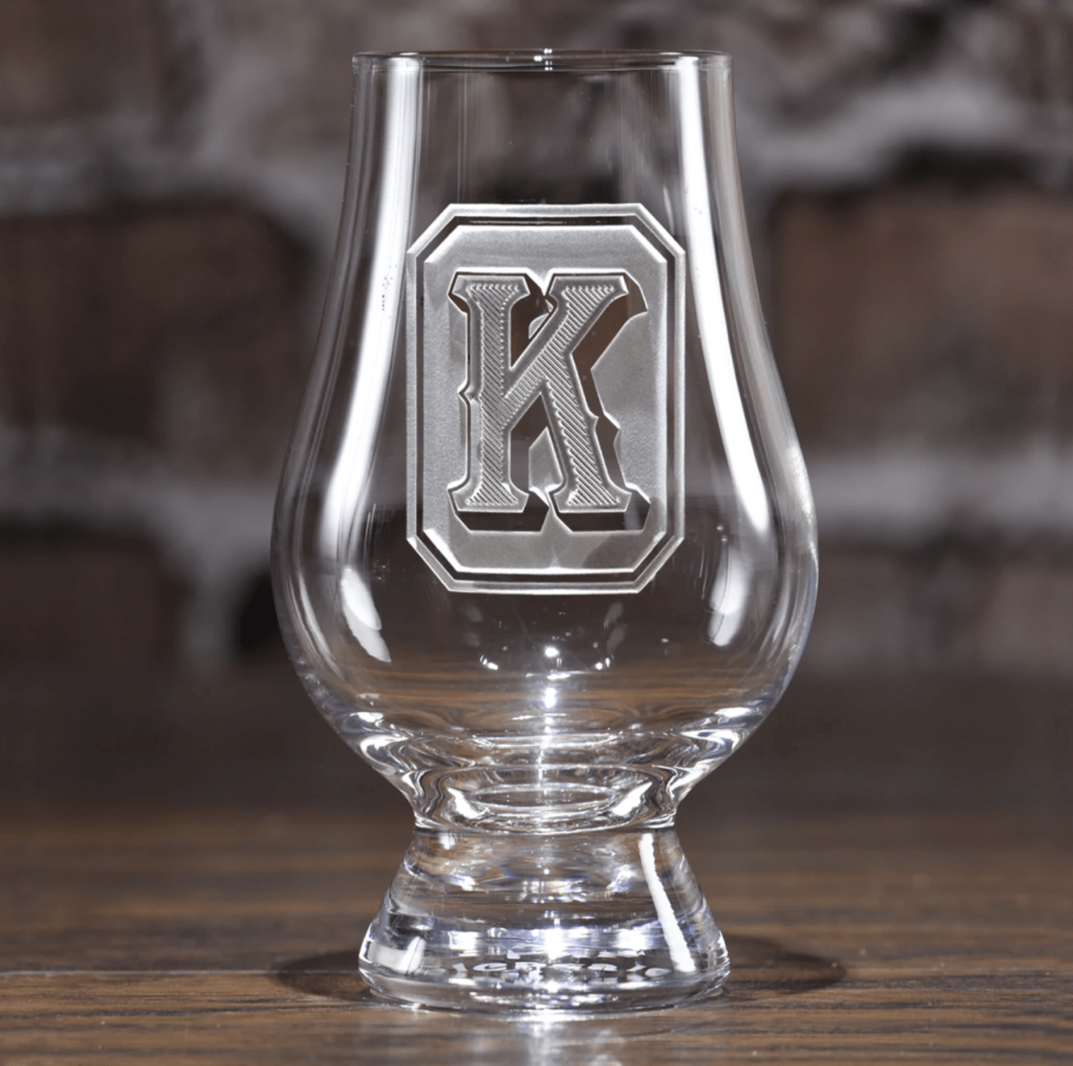 Emerald Monogram personalized Glencairn whiskey glass with sand-carved monogram
