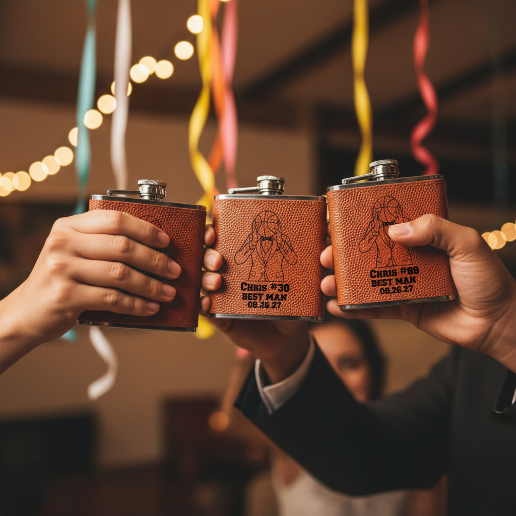 Three orange leather flasks with basketball texture held by hands, each laser-engraved with sample personalization showing basketball player design, name, role, and date