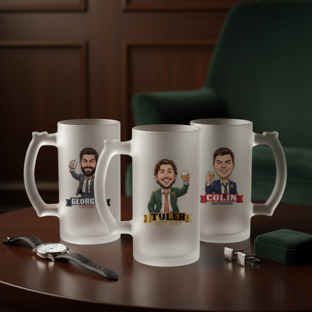 Three frosted glass beer mugs with sample caricature designs showing personalized names George, Tyler, and Colin with their wedding roles printed below each illustration