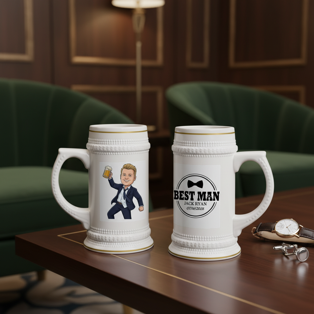 Two white ceramic steins with gold-trim detailing displayed on wooden table; left stein features cartoon character in suit holding beer mug, right stein shows "Best Man Jack Ryan 06/12/2026" circular design with bowtie motif.