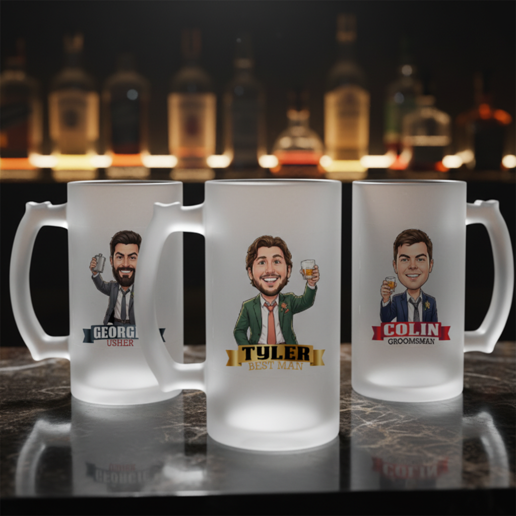 Three frosted glass beer mugs with custom caricature designs showing sample personalized names George (Usher), Tyler (Best Man), and Colin (Groomsman) with illustrated male figures and role banners.