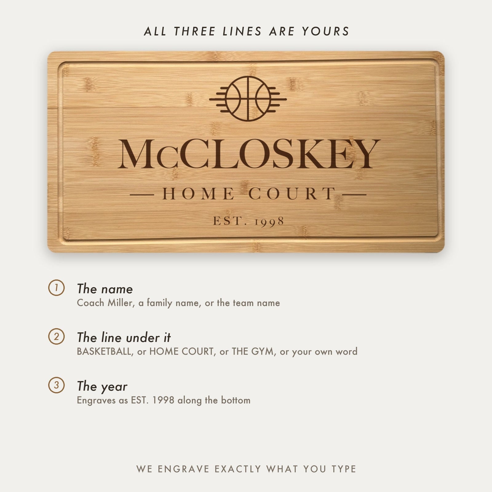 How the basketball board is personalized, shown as McCloskey Home Court with all three lines set by the customer including the line under the name.
