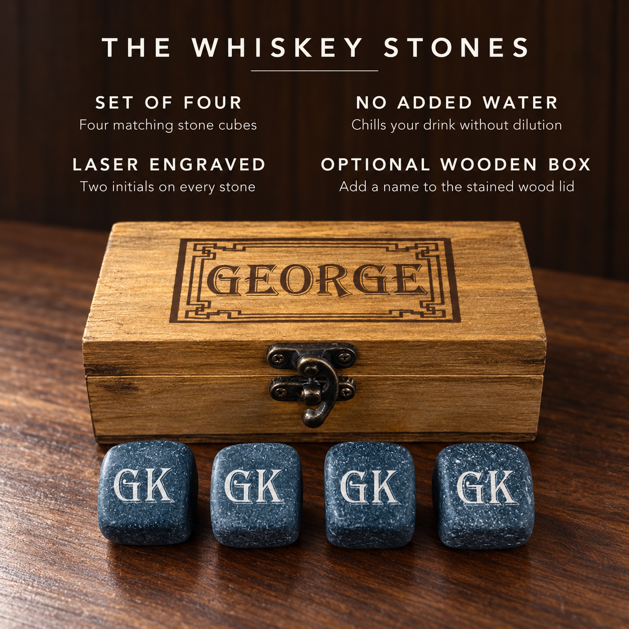 Details of the personalized whiskey stones: a set of four stone cubes, two initials on every stone, no added water, optional wooden box