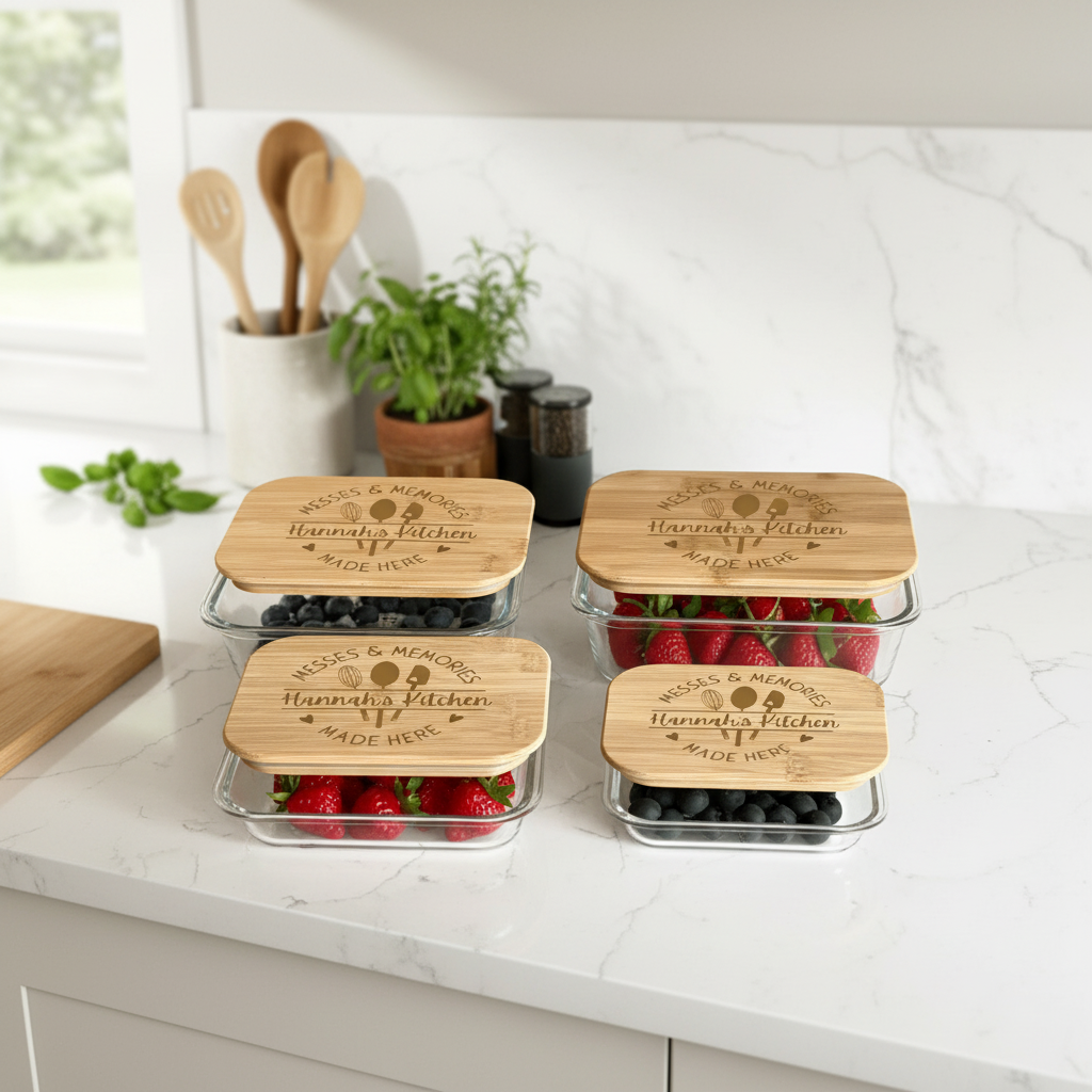 Four glass food storage containers with bamboo lids, each engraved with sample text "Besses & Memories, Hannah's Kitchen, Made Here" and decorative icons, filled with fresh berries and displayed on a marble kitchen counter.