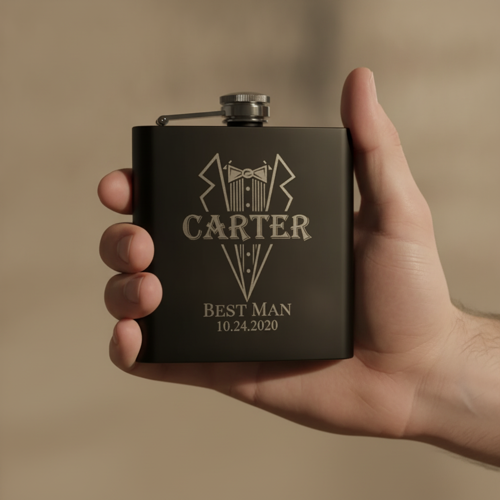 Matte black personalized flask engraved with the name Carter held in a man's hand, showing its compact size next to the fingers, 3 5/8 by 4 3/8 inches.