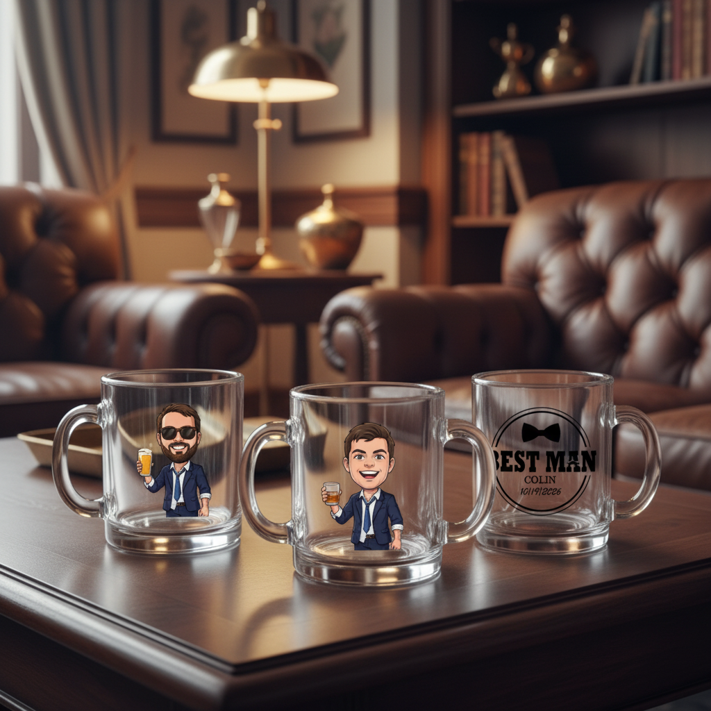 Three clear glass coffee mugs with handles displayed on a table, each featuring custom caricature designs including sample cartoon figures holding drinks and personalized text reading "BEST MAN COLIN 10/19/2026" on one mug