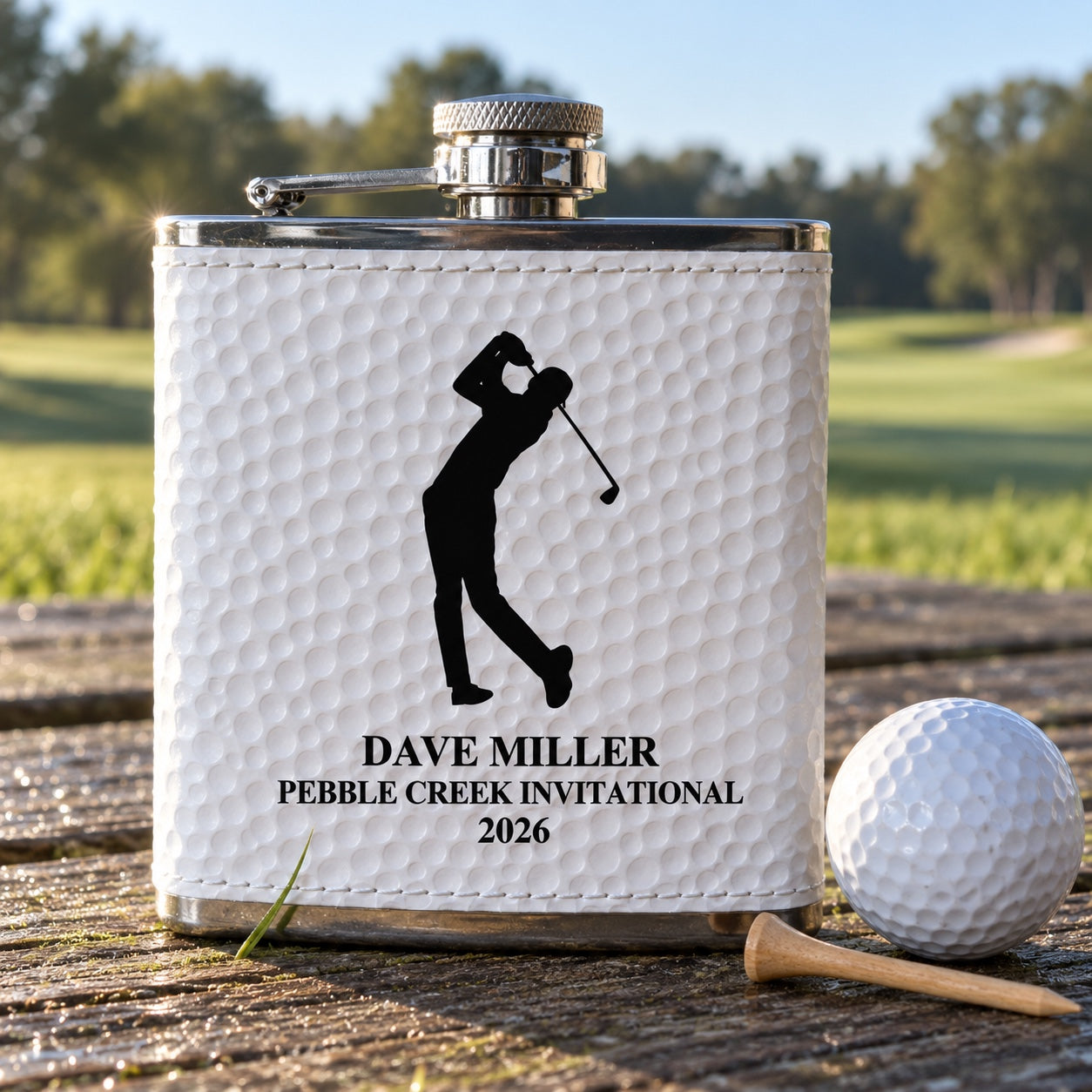 Personalized golf ball textured flask engraved with a golfer silhouette, DAVE MILLER, PEBBLE CREEK INVITATIONAL and 2026, on a tee box bench beside a golf ball.