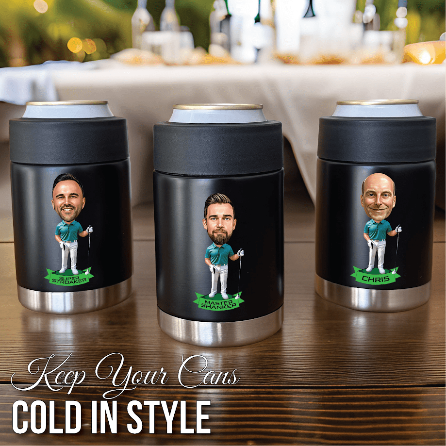 Three black insulated can coolers with stainless steel bases, each personalized with a sample golf caricature illustration and name banner in green