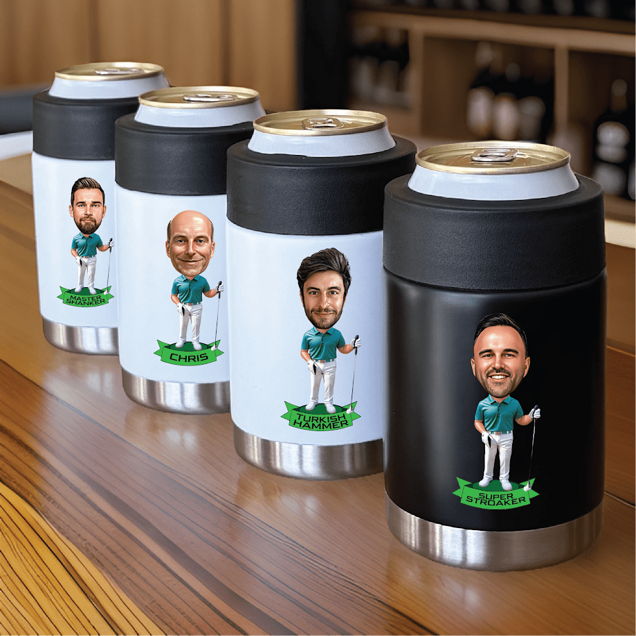 Four personalized can coolers displaying custom golf caricatures with sample names "Marcus," "Chris," "Turkish Hammer," and "Super Stroker" in alternating white and black finishes