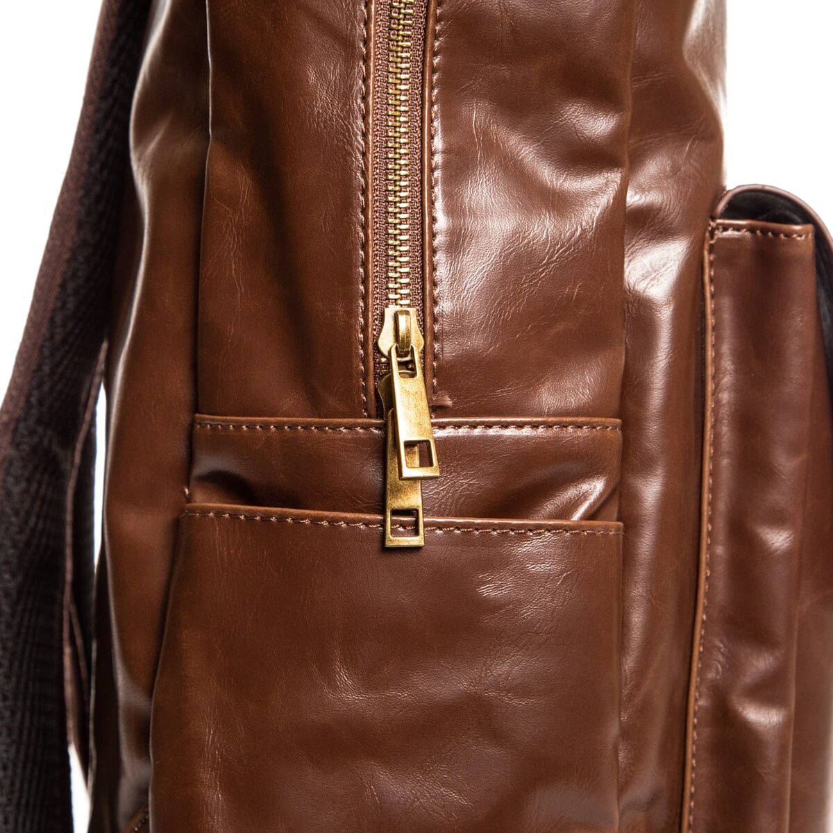 Brown vegan leather laptop backpack with custom name engraving and front flap pocket