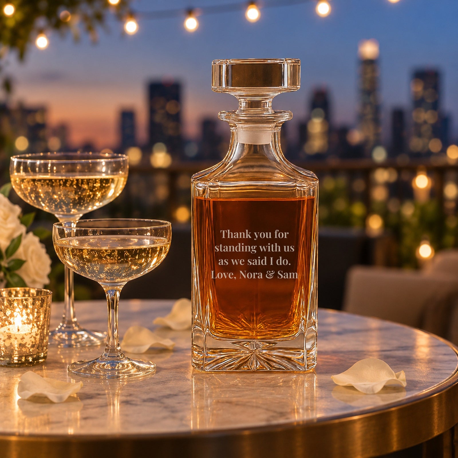Thank you gift for a wedding officiant on a rooftop table at dusk, the decanter back engraved Thank you for standing with us as we said I do, Love, Nora and Sam