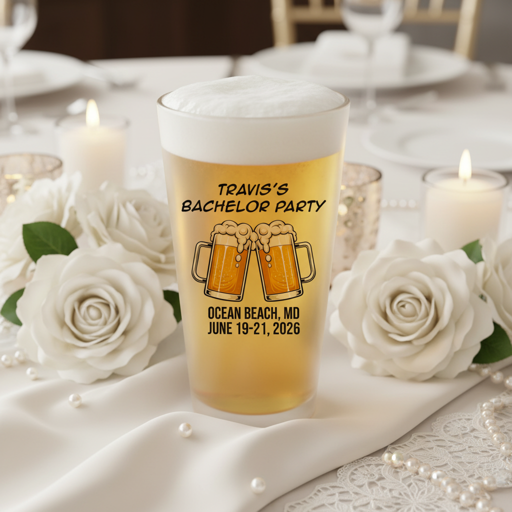 Personalized pint glass displaying sample text "Travis's Bachelor Party," beer mug graphics, and "Ocean Beach, MD June 19-21, 2026" surrounded by white roses and candles