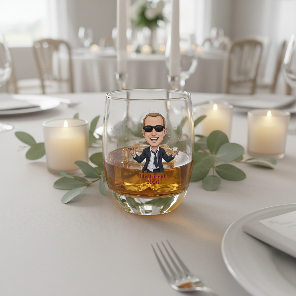 Whiskey glass filled with amber liquid, featuring a custom illustration of a man in sunglasses and suit holding drinks, personalized with sample text "The Groom 2026," displayed on formal dining table with candles and greenery.