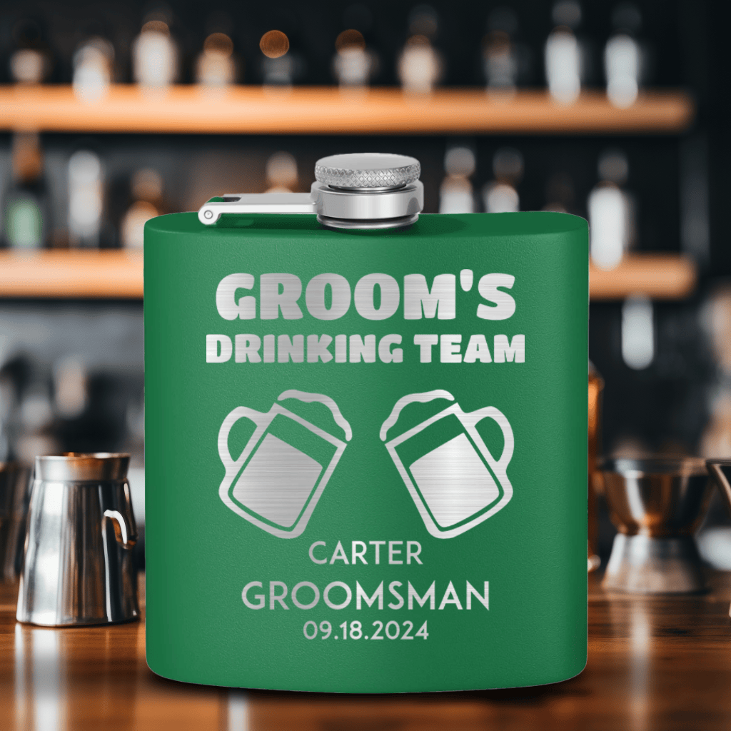 Green Groomsman Flask With Beer Drinking Team Design