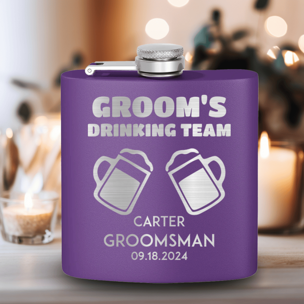 Purple Groomsman Flask With Beer Drinking Team Design