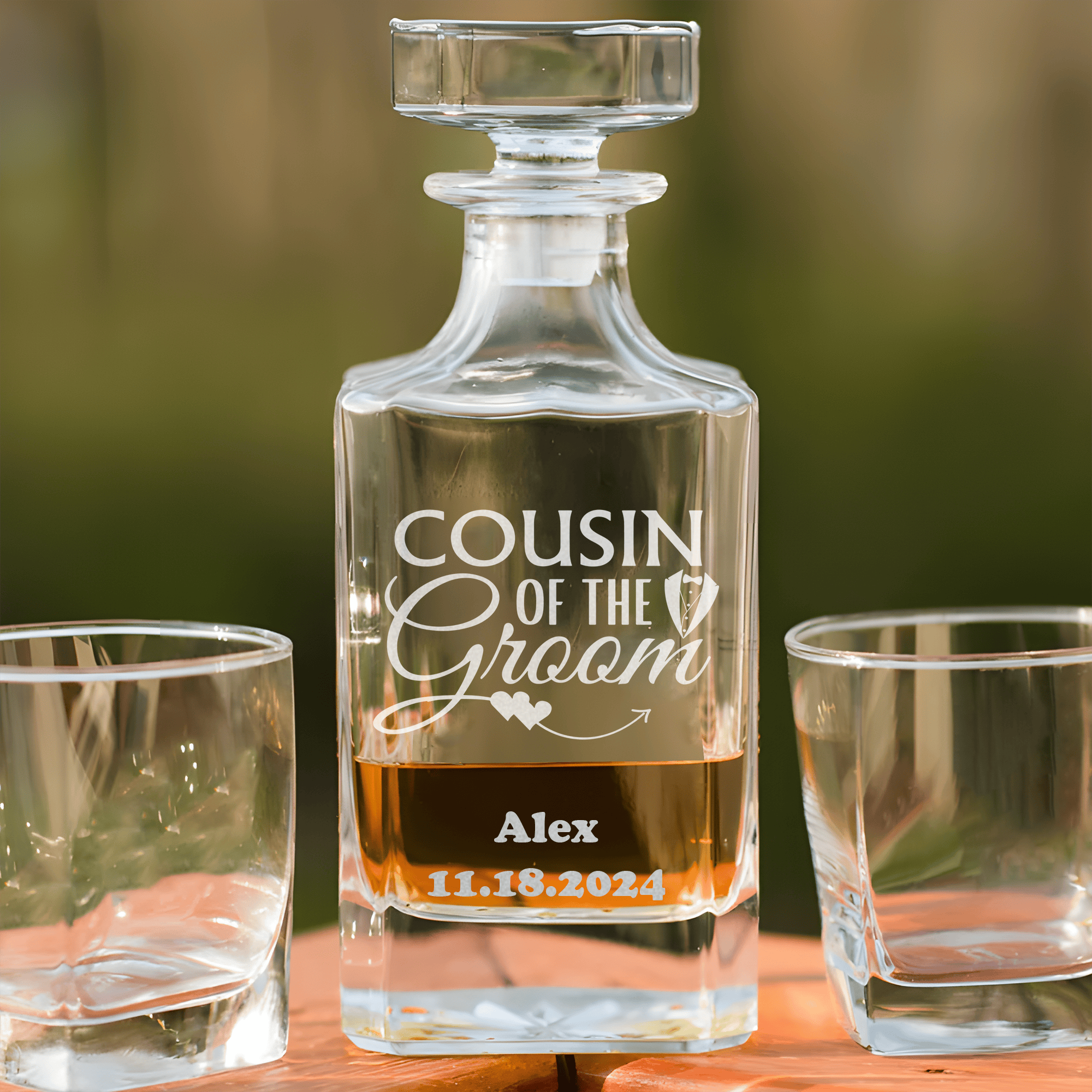 Wedding Day Whiskey Decanter With Cousin Of The Groom Design