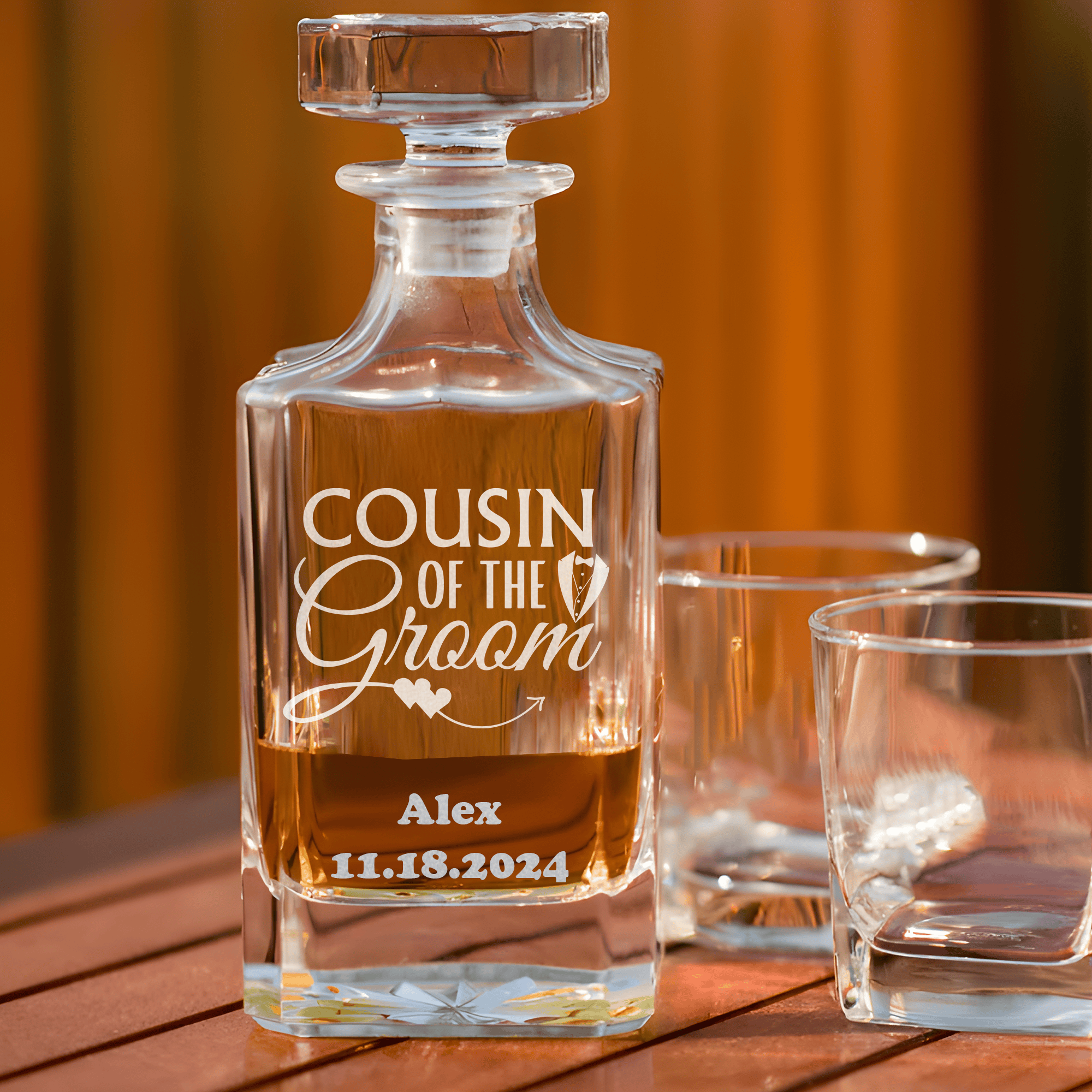 Wedding Day Whiskey Decanter With Cousin Of The Groom Design