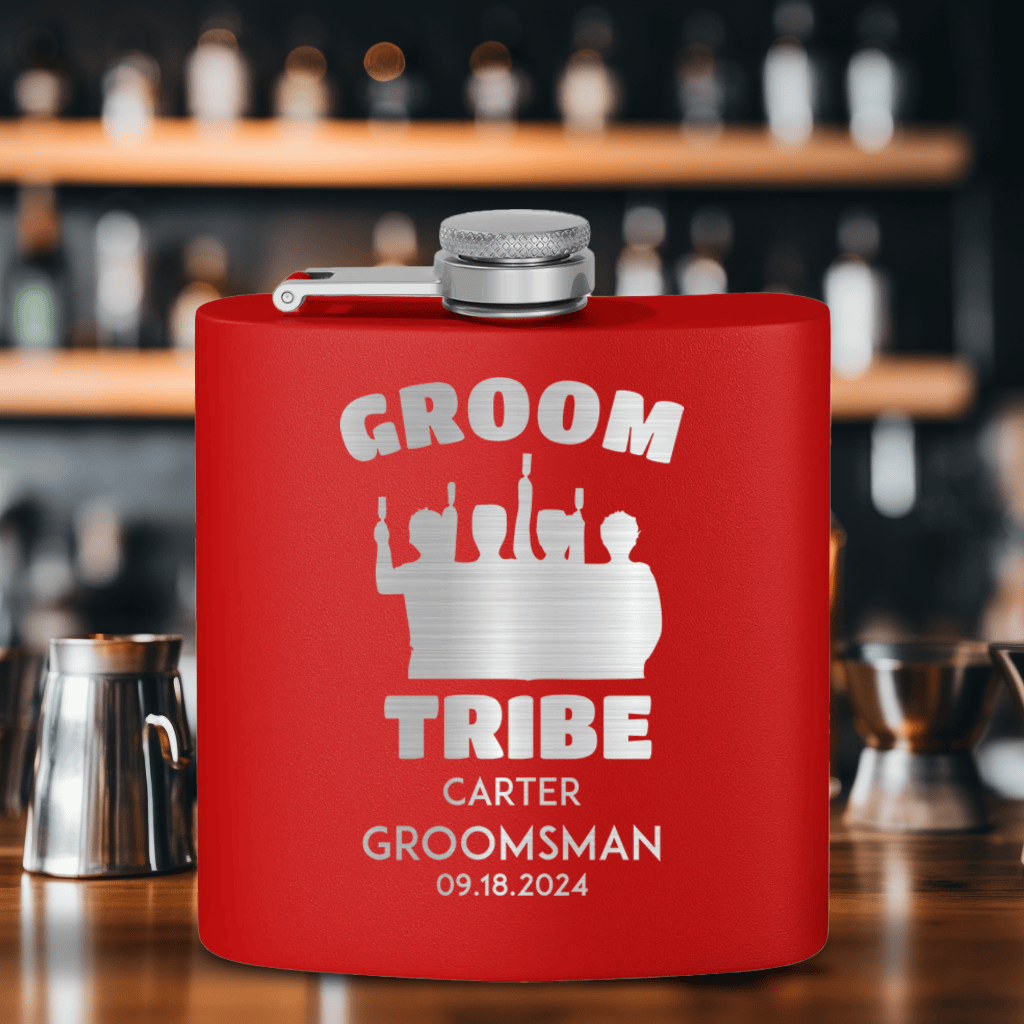 Black Groomsman Flask With Grooms Tribe Design