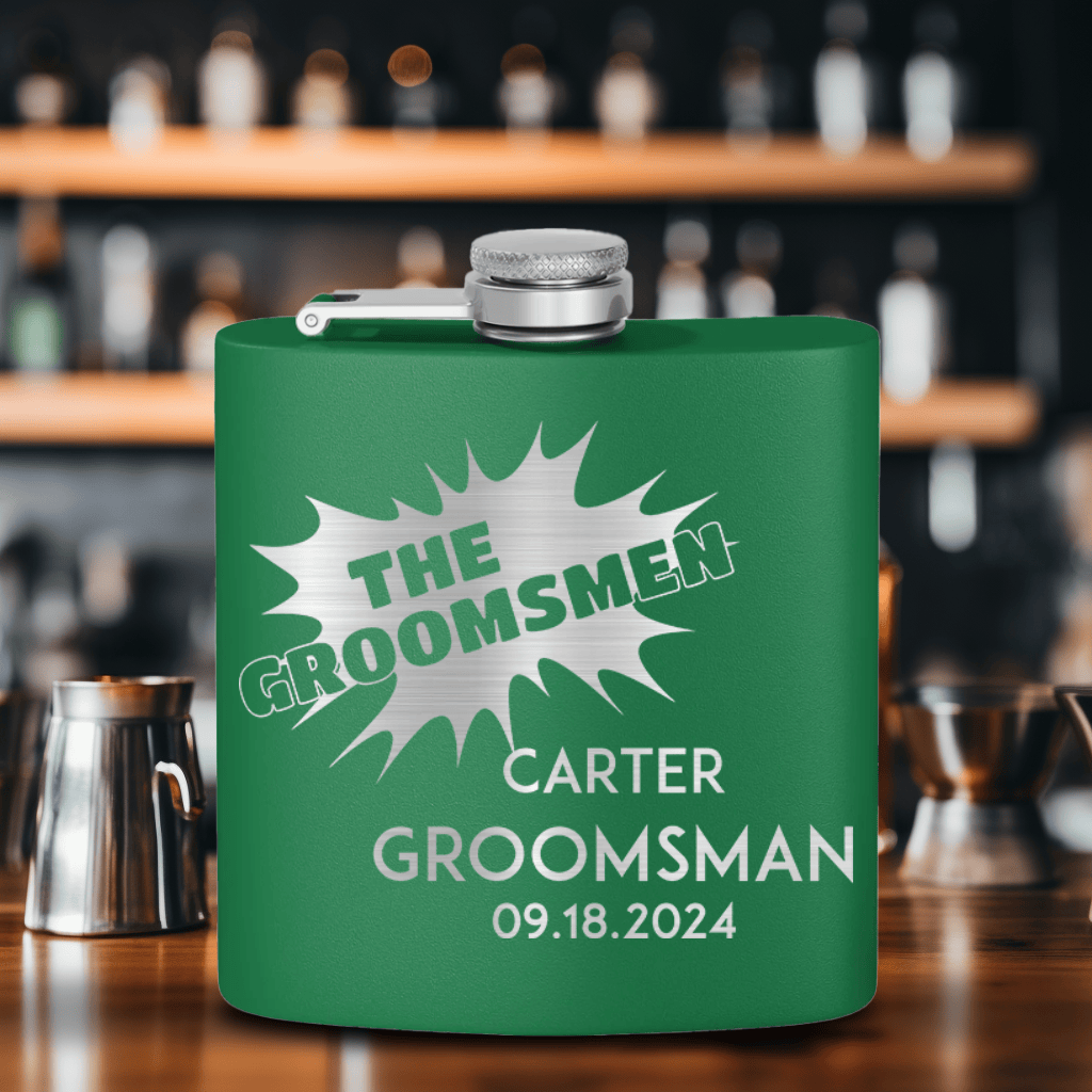 Green Groomsman Flask With Groomsman Explosion Design
