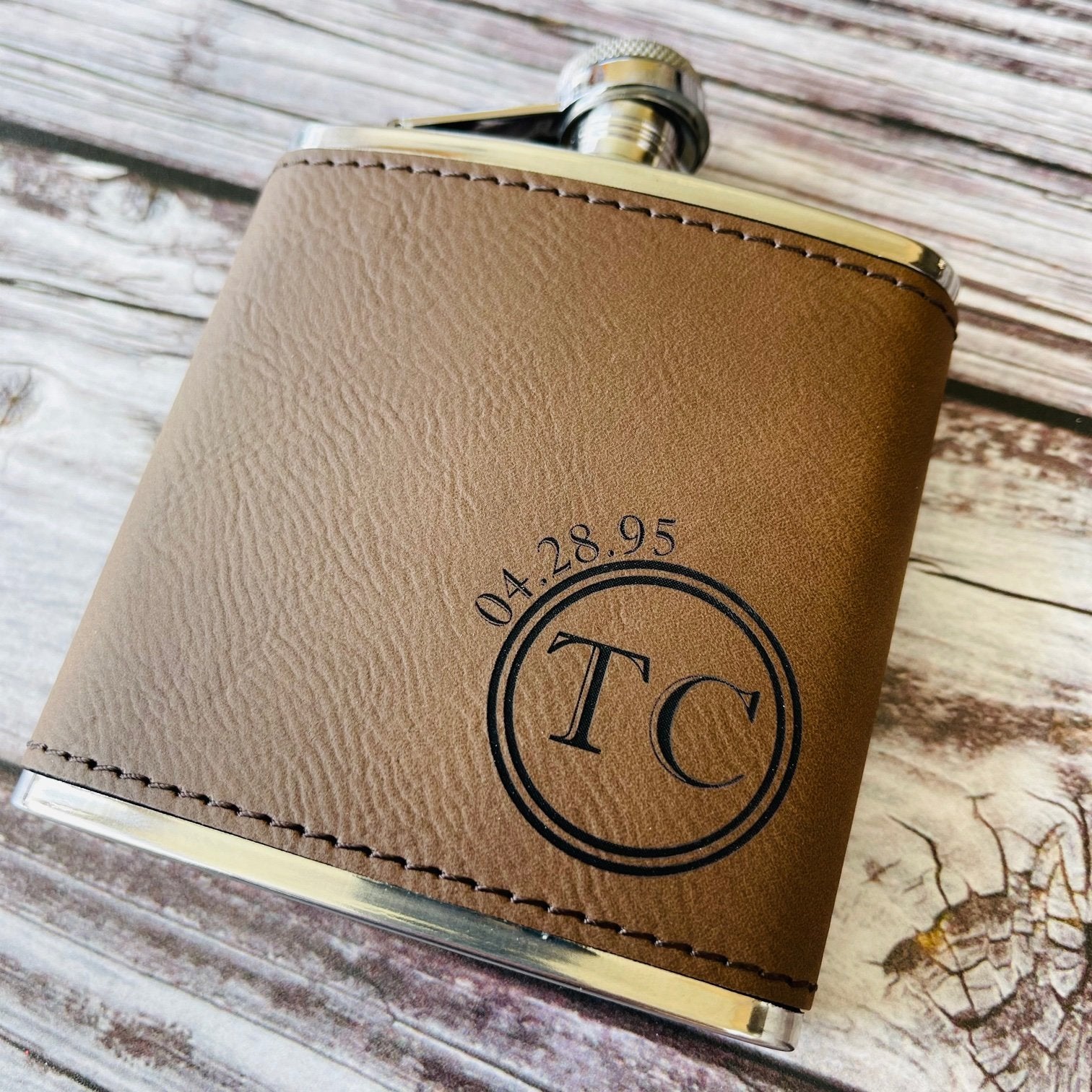Leather Wrapped Brown Personalized Flask