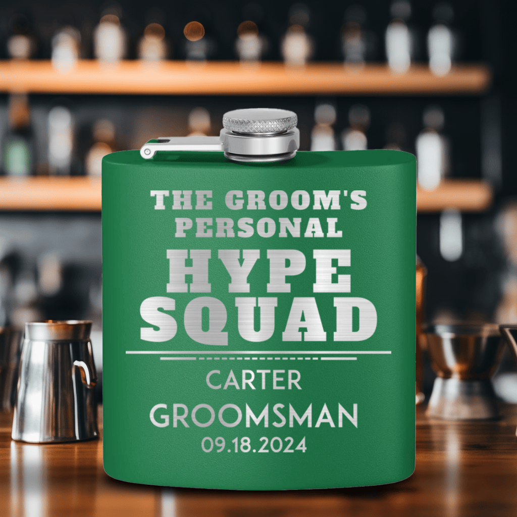 Green Groomsman Flask With Personal Hype Squad Design
