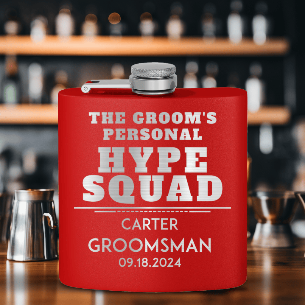 Red Groomsman Flask With Personal Hype Squad Design