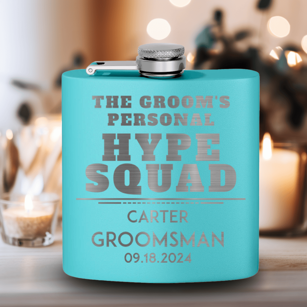 Teal Groomsman Flask With Personal Hype Squad Design