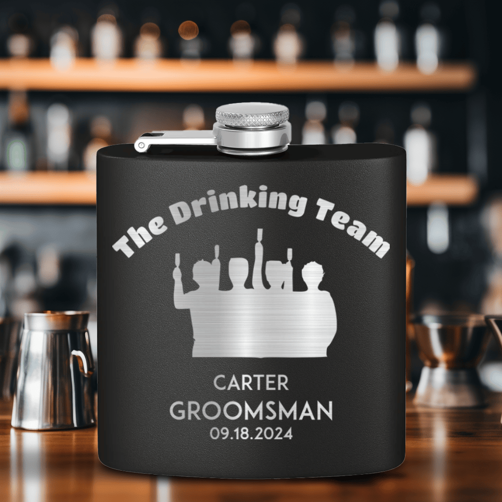 Red Groomsman Flask With The Drinking Team Design