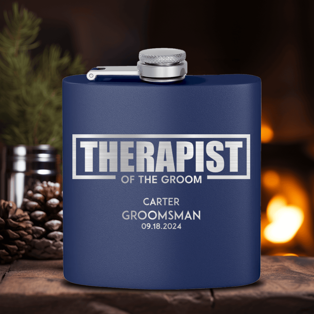 Navy Groomsman Flask With Therapist Of The Groom Design