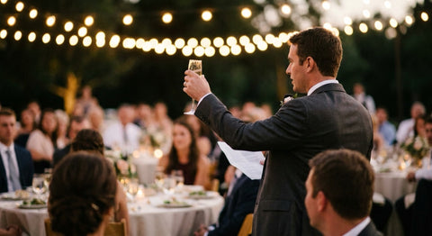 A best man in a charcoal suit raises a champagne glass in a toast at an evening wedding reception under warm string lights.