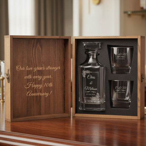 Decade Vow 10th anniversary decanter set with two engraved crystal whiskey glasses in an open pine chest, a personalized 10 year anniversary gift for him