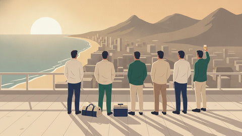 Illustration of a groom and five groomsmen on a rooftop deck at sunset looking over a coastal city, planning the best bachelor party destination