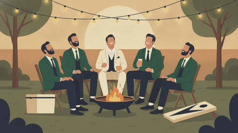 Illustration of a groom and his groomsmen laughing around a backyard fire pit at dusk, planning bachelor party ideas