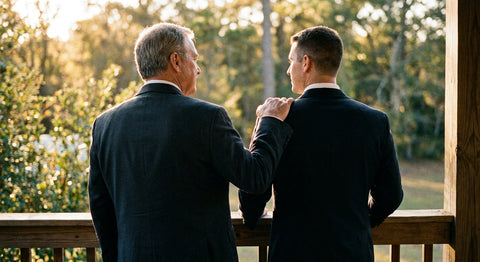 An older father in a dark tuxedo resting his hand on his daughter's lace wedding gown sleeve as she holds her bouquet in the quiet moments before the ceremony