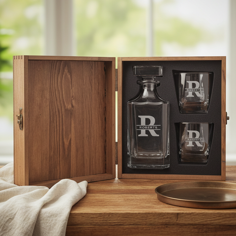 Personalized whiskey decanter and two engraved glasses presented in a custom wooden gift box, a thank you gift for the officiant who married you