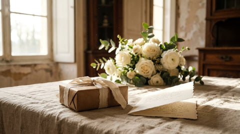 A small wrapped gift box tied with ivory ribbon and a handwritten card on a linen table beside white roses in a wedding morning getting ready room