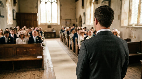 A wedding usher in a charcoal suit standing at the back of a church aisle looking down at the seated guests before the ceremony begins