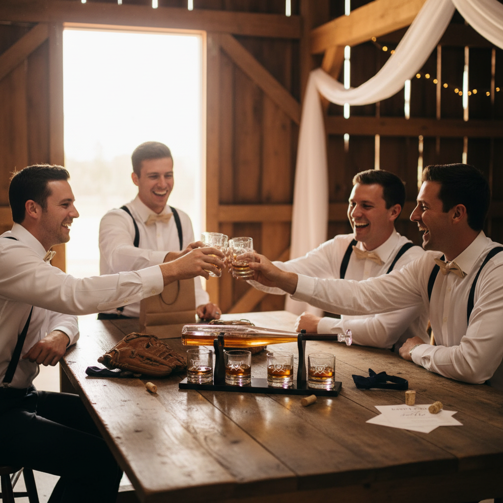 Four men in white dress shirts and black vests toasting with whiskey glasses around a wooden table holding a baseball bat-shaped decanter and bottle.
