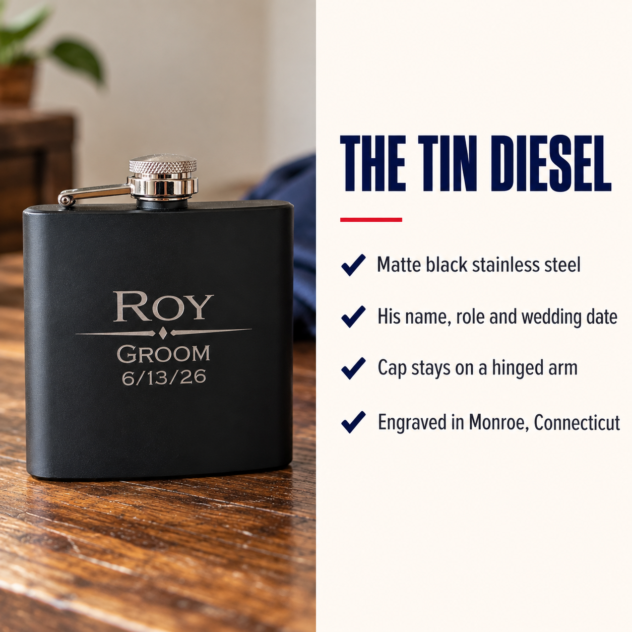 Tin Diesel groomsmen flask details: matte black stainless steel engraved with his name, role and wedding date, with a screw cap held on a hinged arm