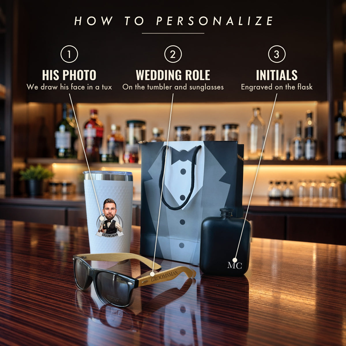 How to personalize the groomsmen gift set: upload his photo for the caricature, add his wedding role and his initials for the flask