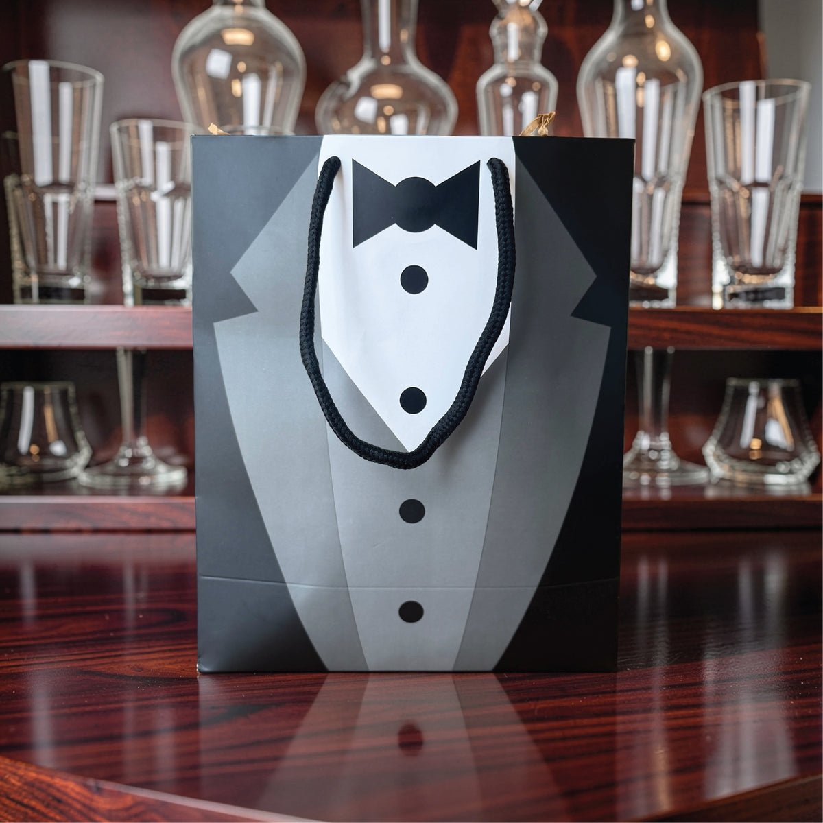 Tuxedo groomsmen gift bag with a black bow tie, buttons and rope handles standing alone on a polished wood bar top