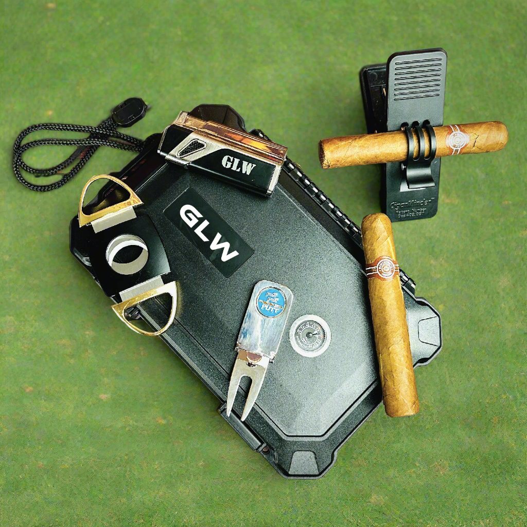 Deluxe golf and cigar gift set with personalized cigar case, divot tool, lighter, and all-purpose clip