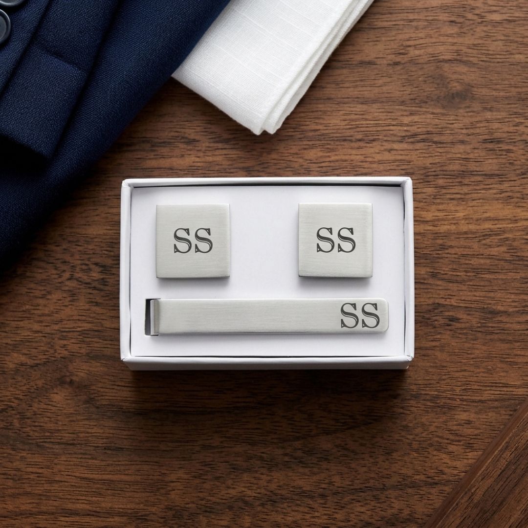 Brushed silver square cufflinks and tie bar engraved with sample monogram "SS" in white gift box packaging