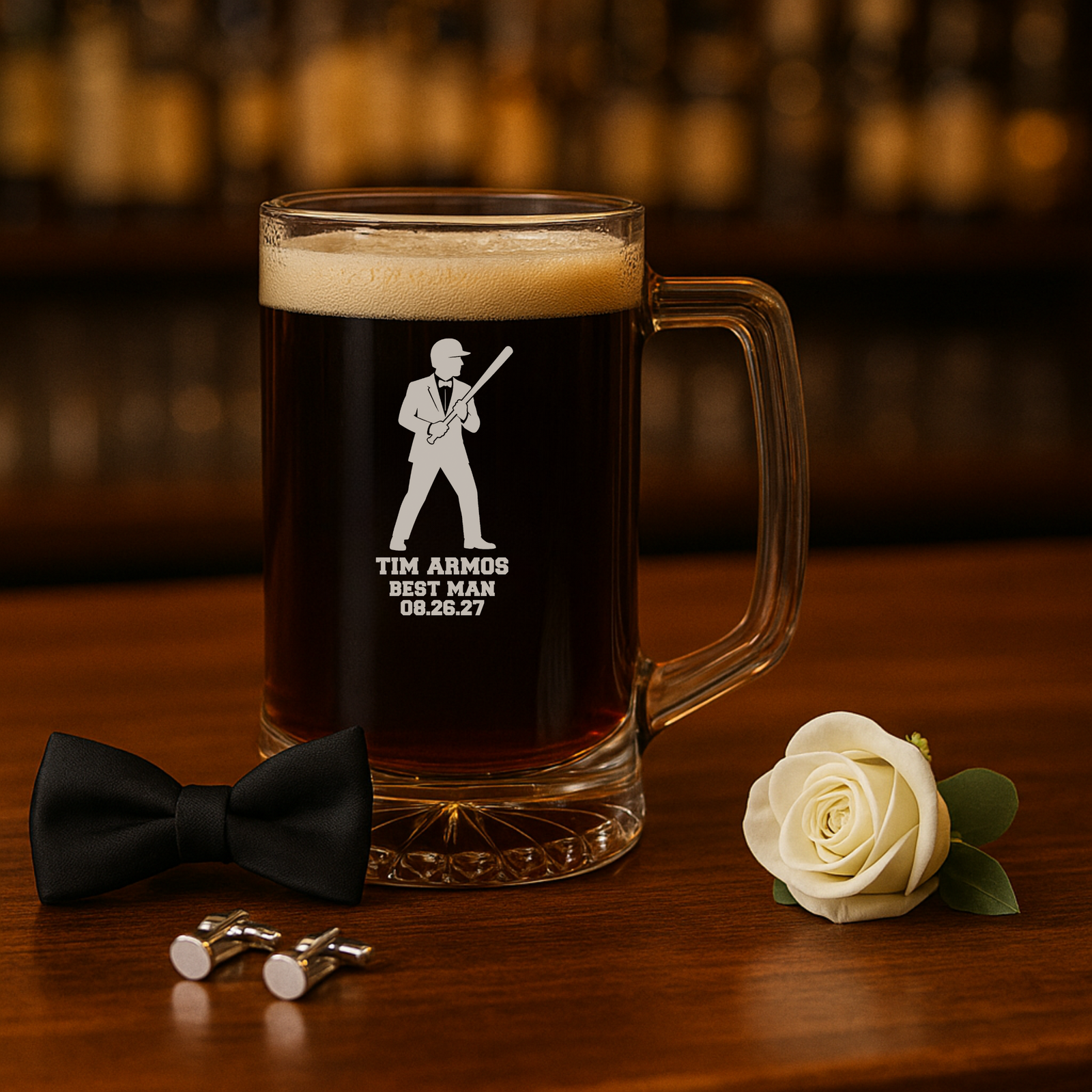 Personalized baseball groomsman beer mug with custom name, role, and wedding date