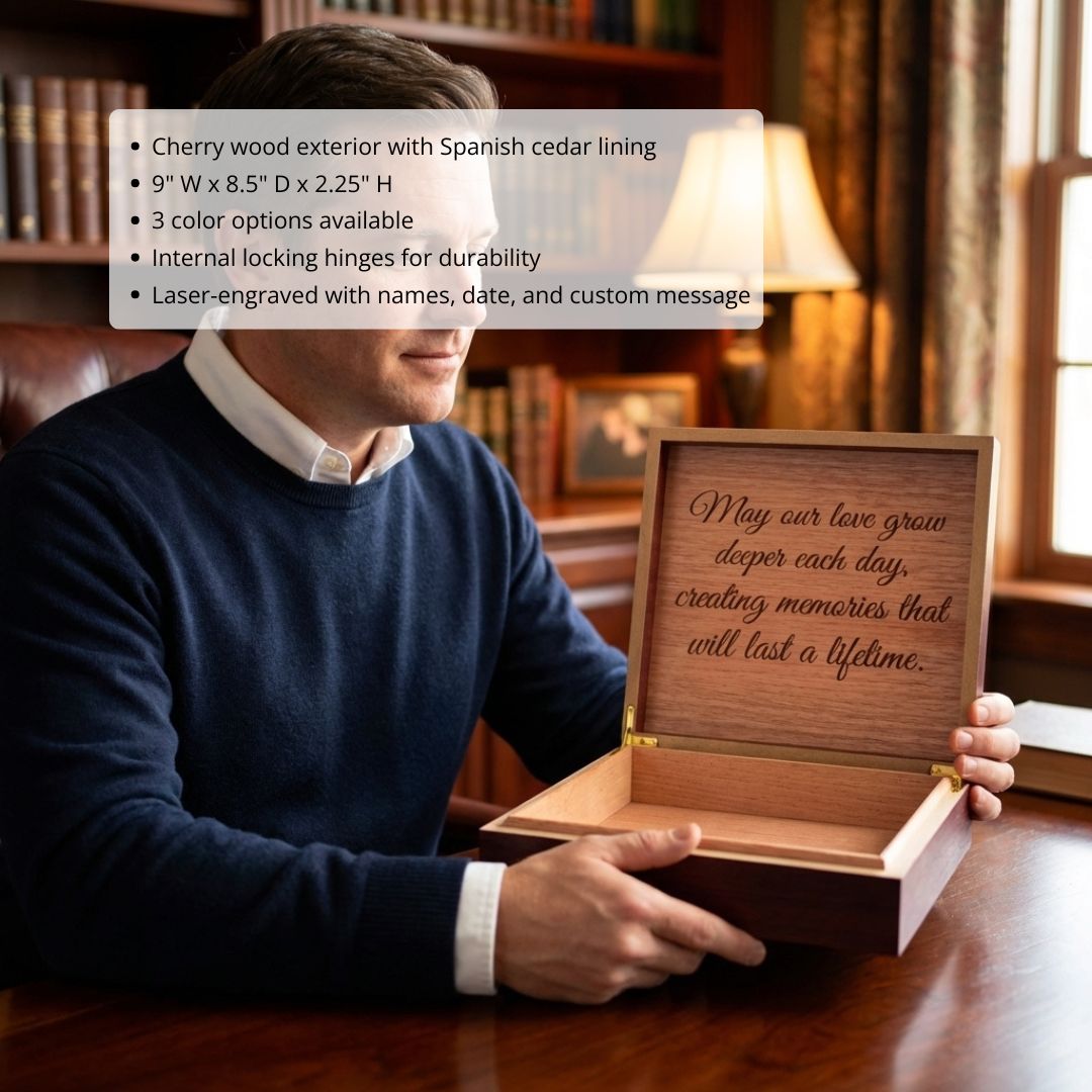 Man holding open cherry wood keepsake box with laser-engraved sample message inside lid, showing Spanish cedar lining and brass hinges