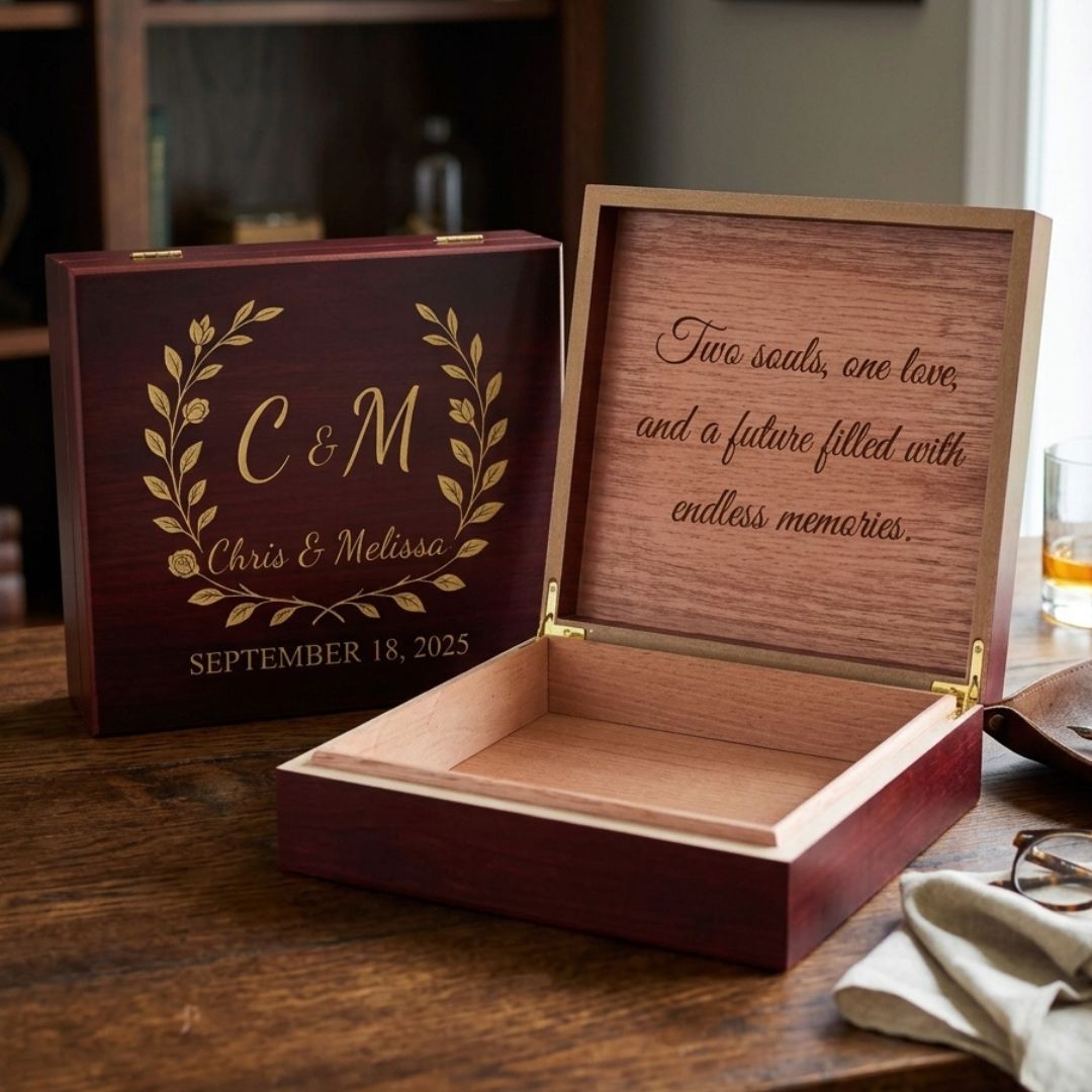 Burgundy wooden keepsake box with gold-engraved monogram, names, and wedding date on exterior; interior lid shows personalized message sample "Two souls, one love, and a future filled with endless memories