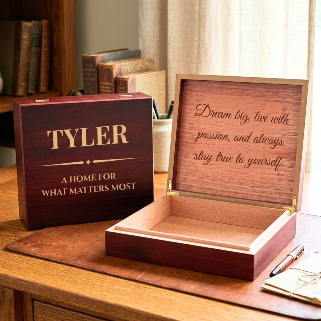 Burgundy wooden keepsake box with personalized engraving showing sample name "TYLER" and quote "Dream big, live with passion, and always stay true to yourself" on lid, displayed open to reveal cedar-lined interior